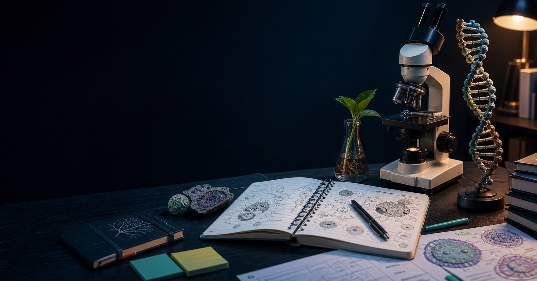 Dark study desk with microscope, DNA model, biology notes, and Praxis Biology exam prep materials