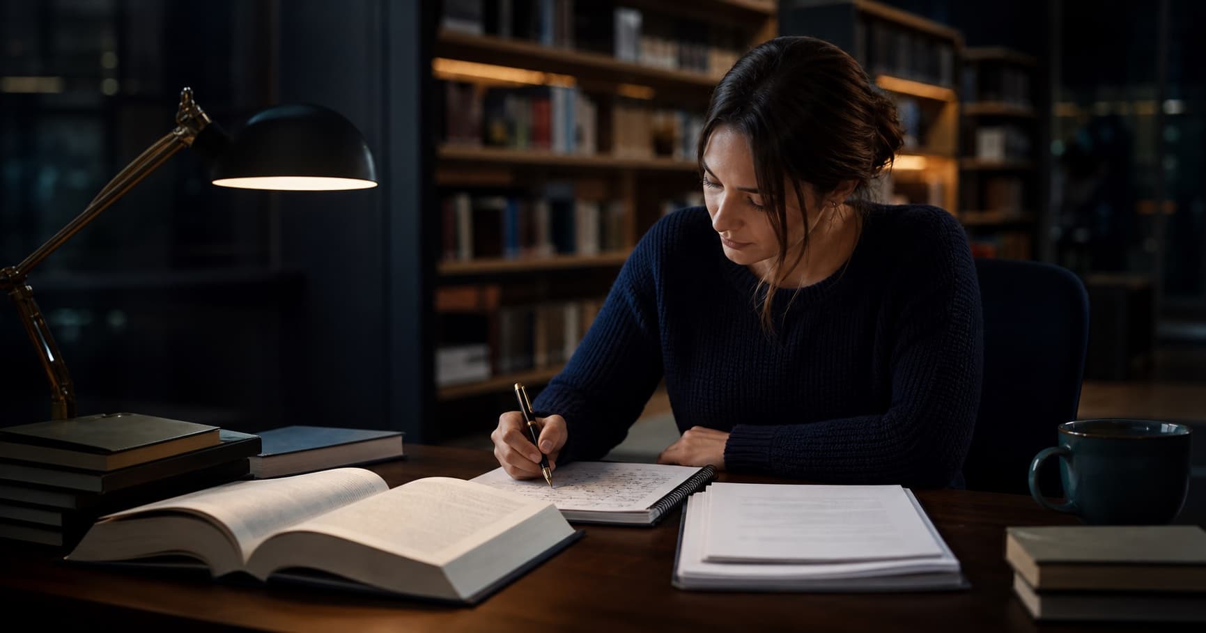 Teacher candidate studying English literature and grammar notes at a desk in a dark library