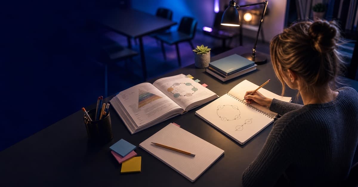 Future teacher studying learning theory notes at a dark desk in a classroom
