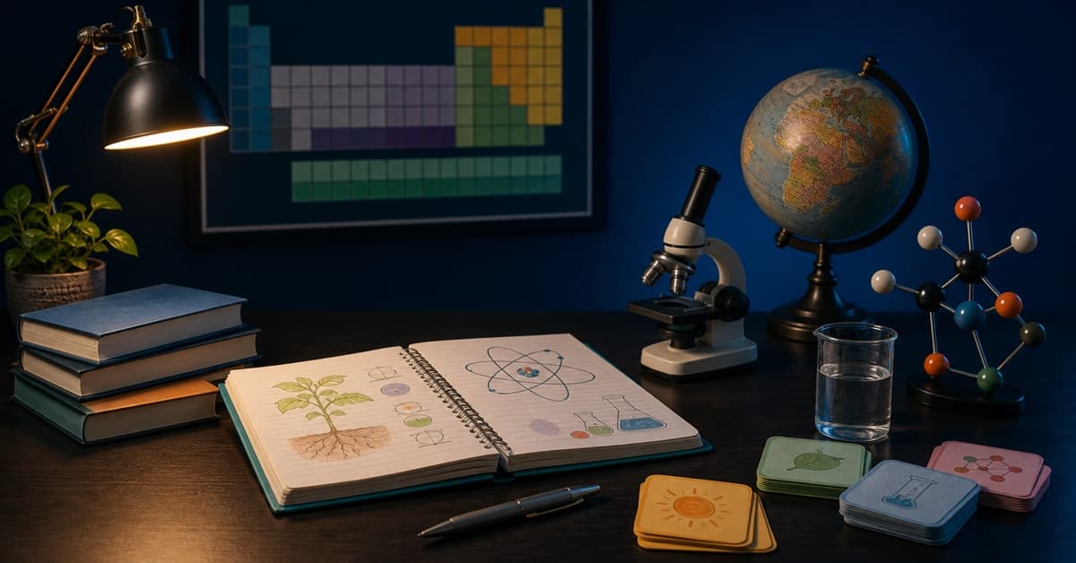Dark science study desk with microscope, globe, atom model, and Praxis exam notes