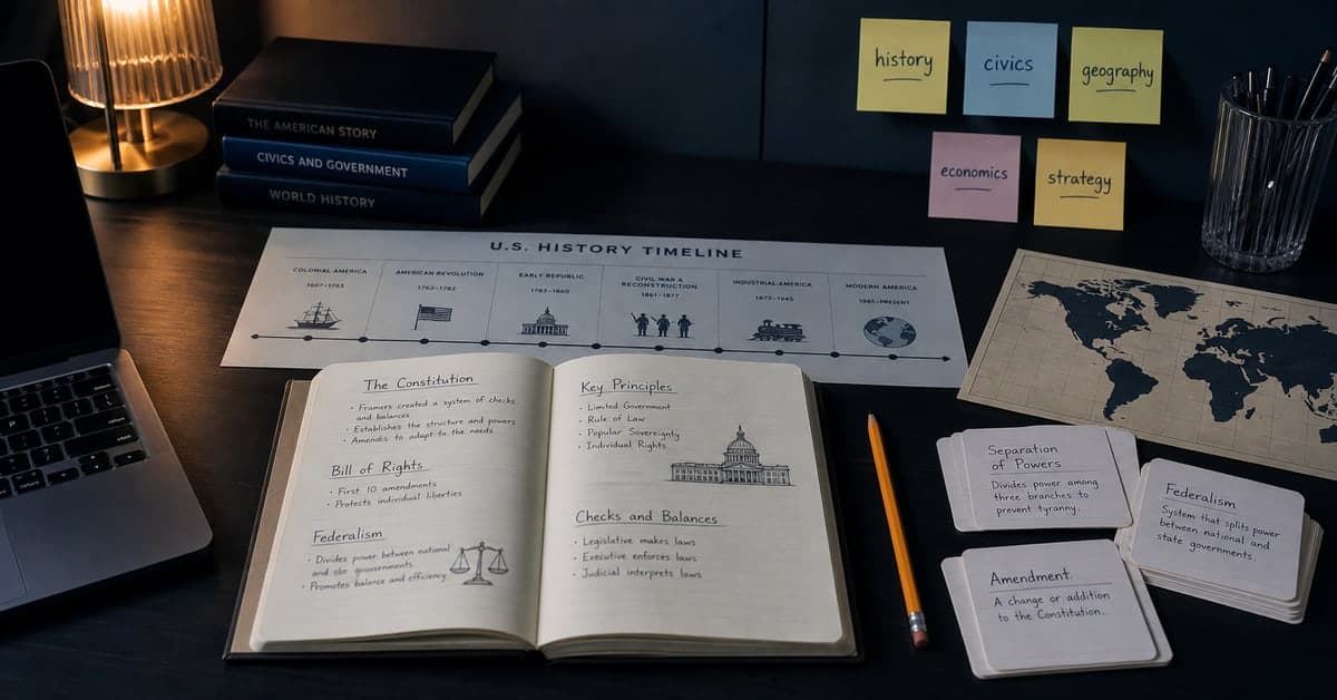 Dark study desk with social studies notes, history timeline, civics flashcards, and Praxis exam prep materials