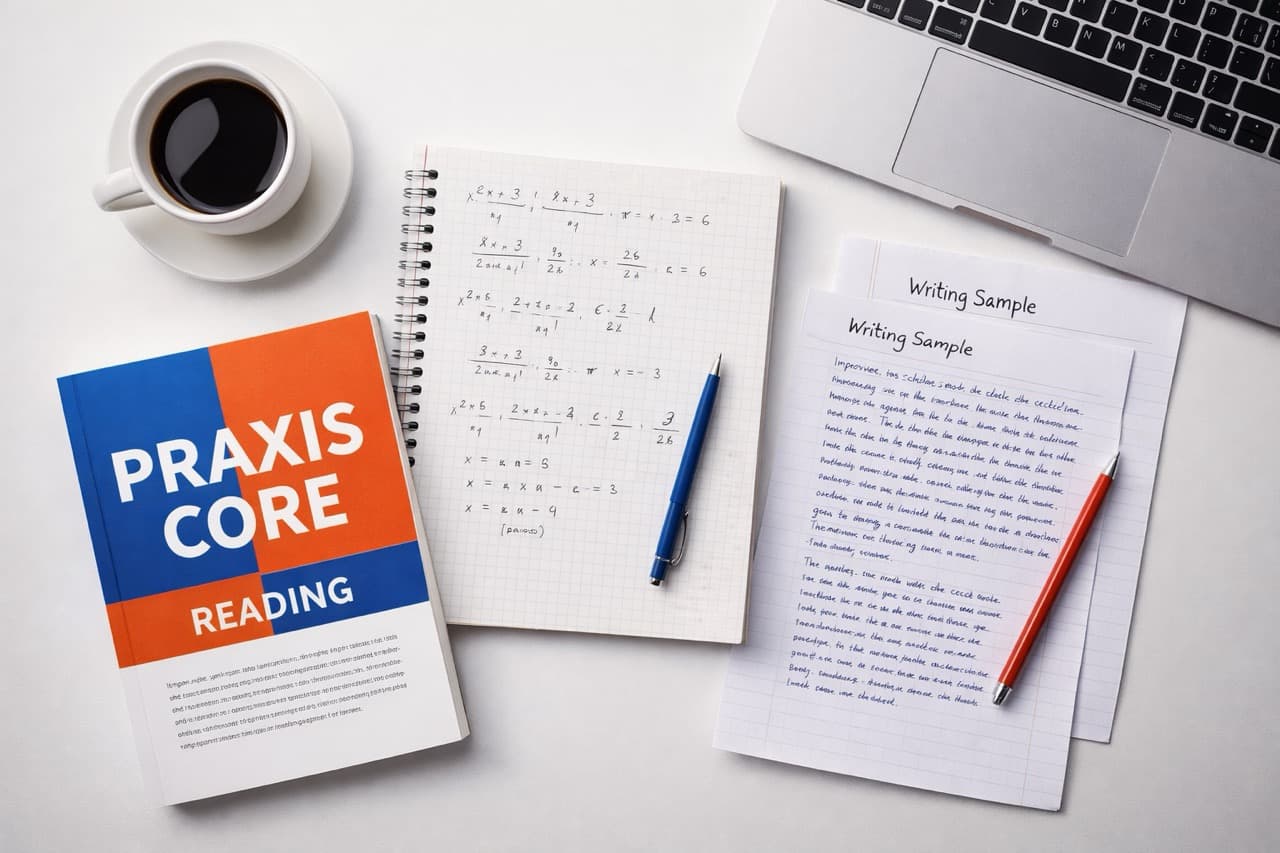 Praxis Core exam preparation strategies for reading, writing, and math tests - student studying with tutor