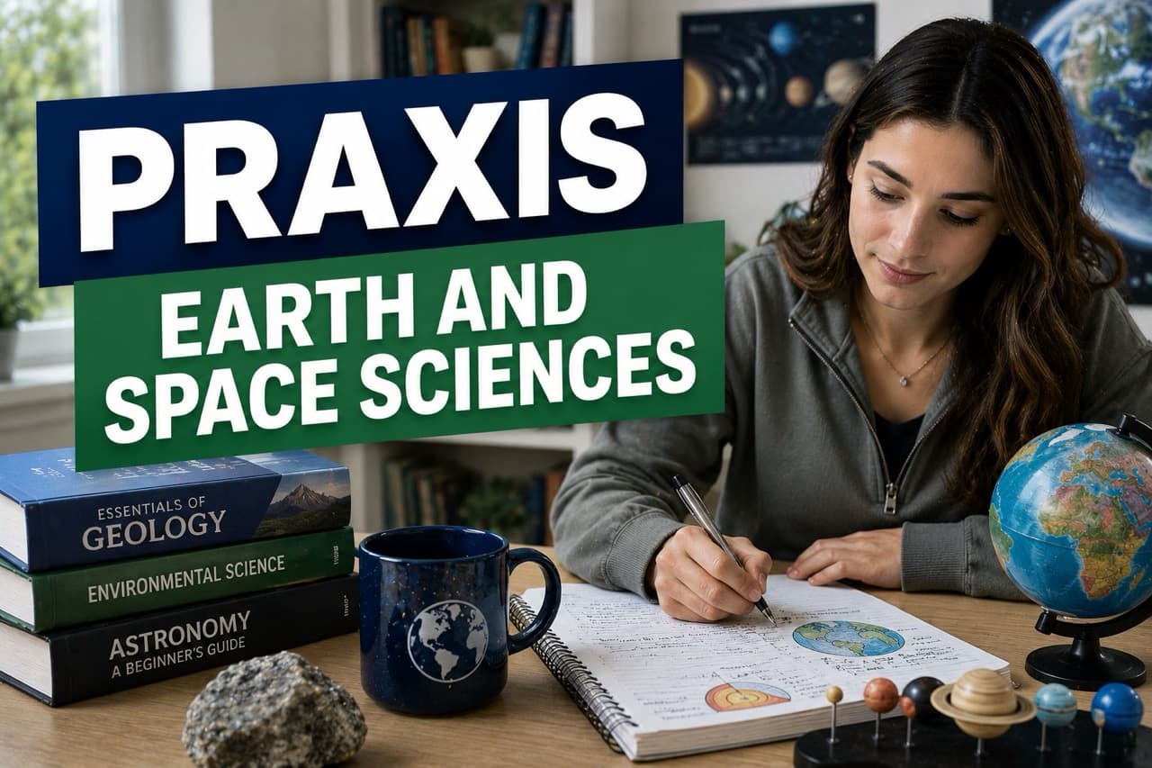 Praxis Earth and Space Sciences 5572 exam preparation - student studying geology, meteorology, and astronomy for certification