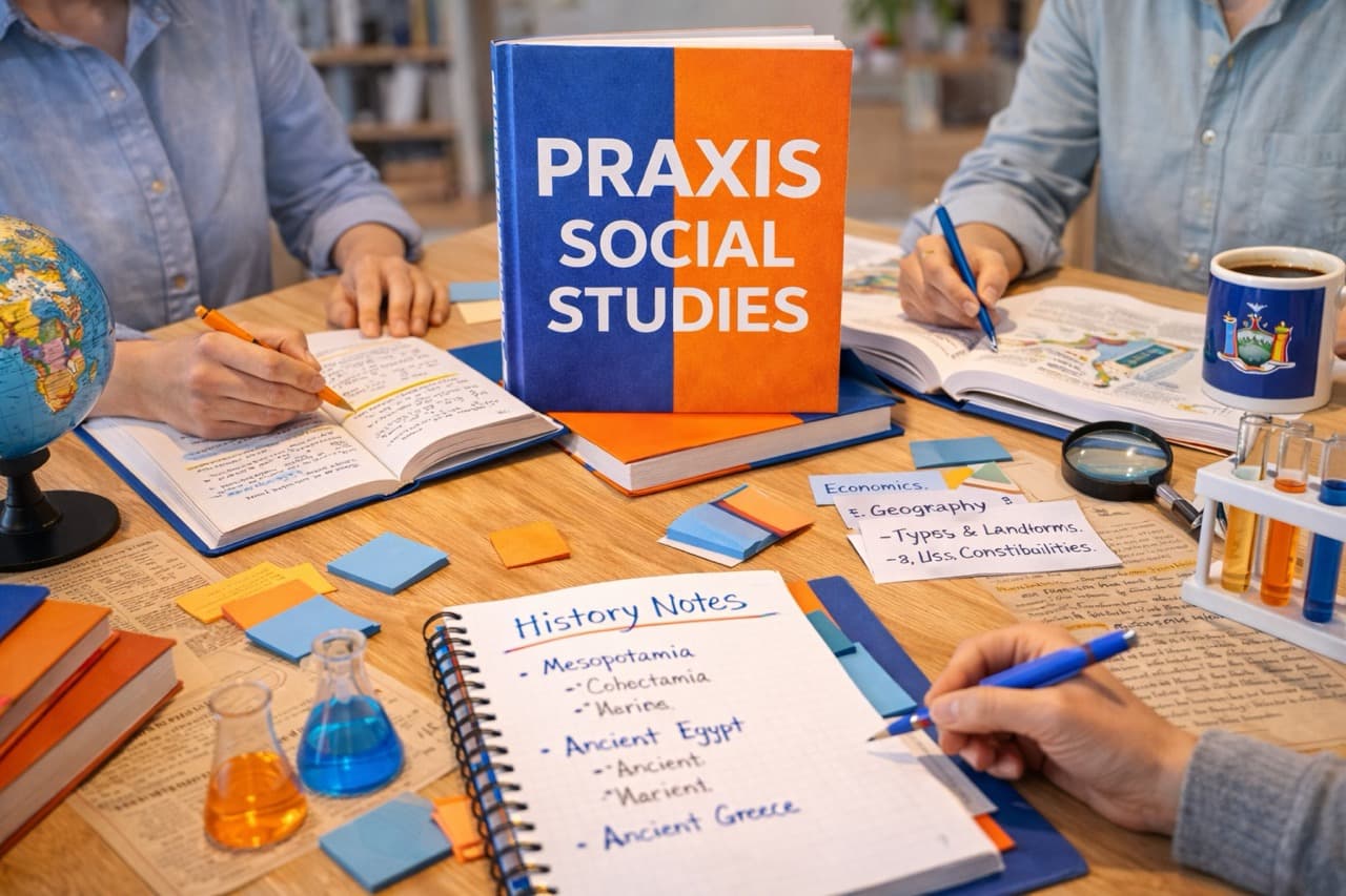 Praxis Social Studies exam preparation - student studying history, geography, economics, and civics with strategy-based tutoring