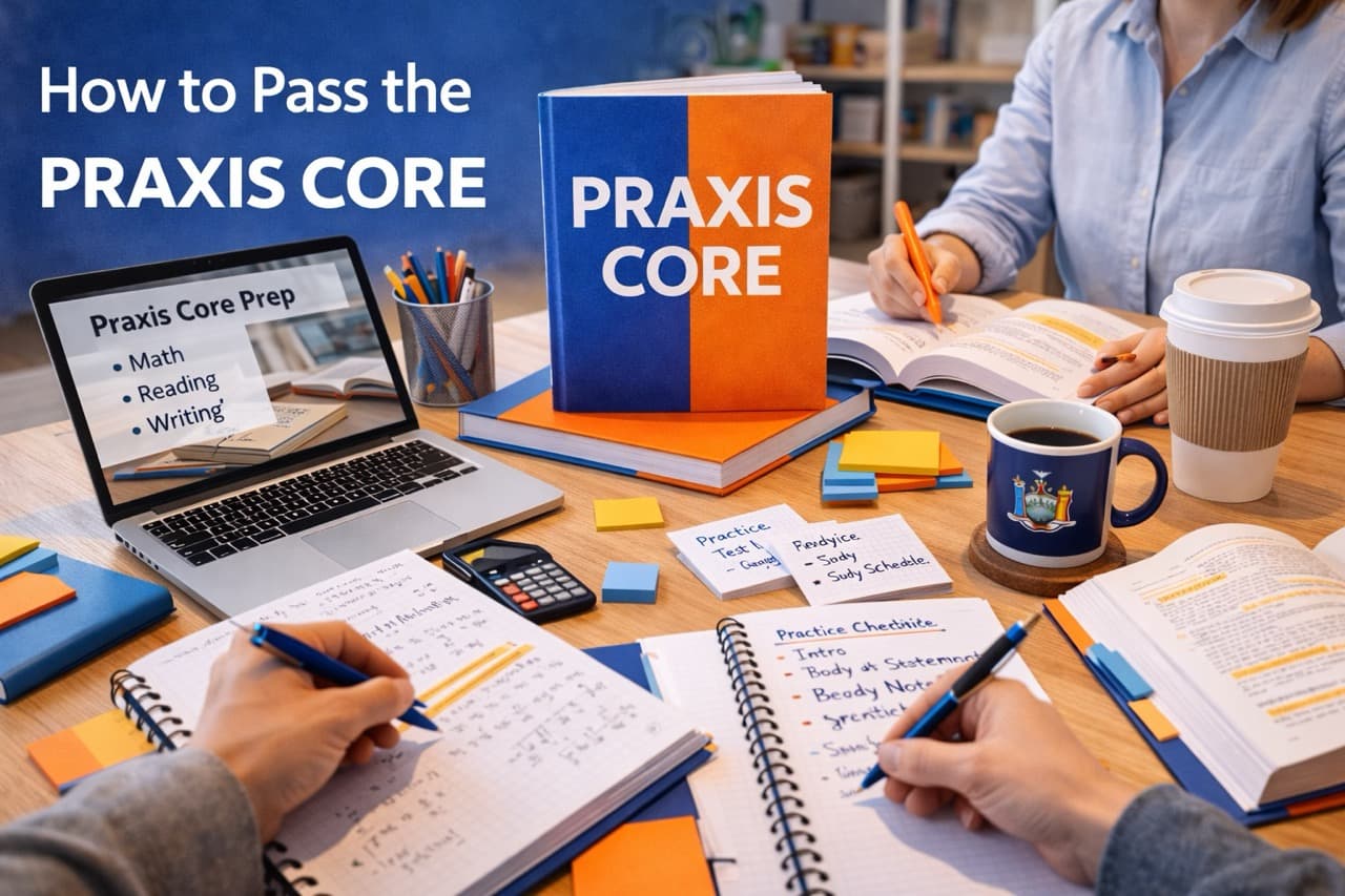 Student confidently preparing for the Praxis Core exam with strategy notes