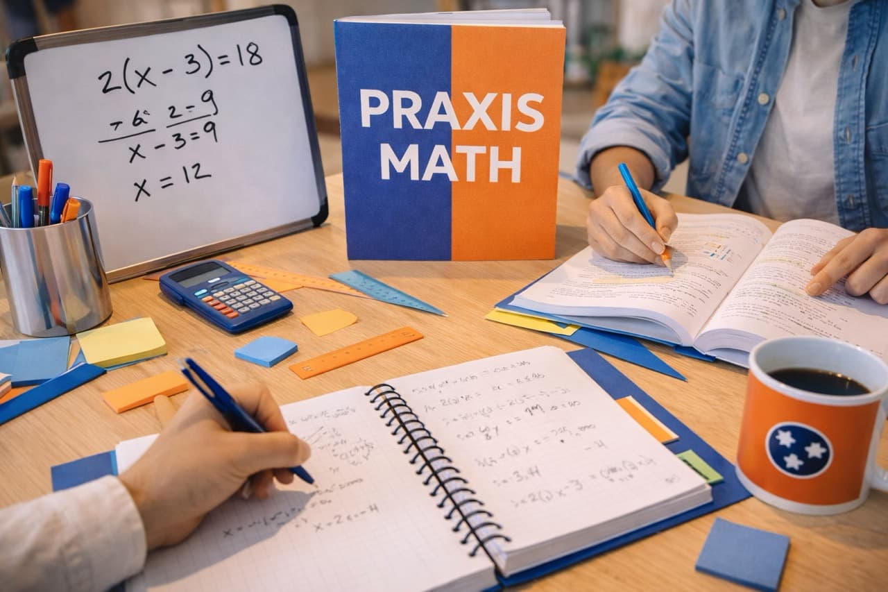 Student confidently solving math problems during Praxis exam preparation