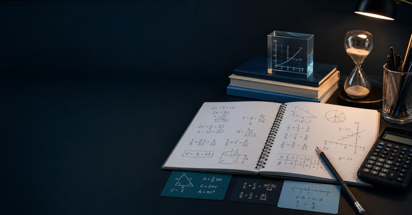 Dark study desk with calculator, notebook, geometry sketches, graphs, and Praxis math study materials
