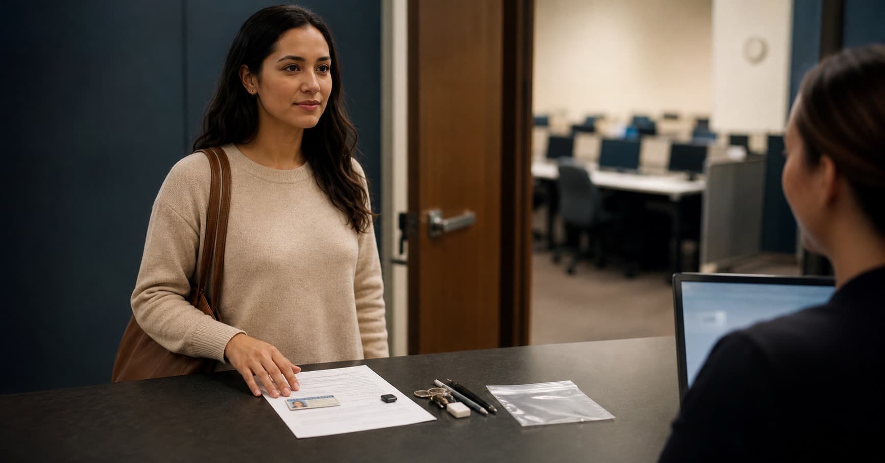 Prepared test taker checking in at a Praxis test center with ID and checklist
