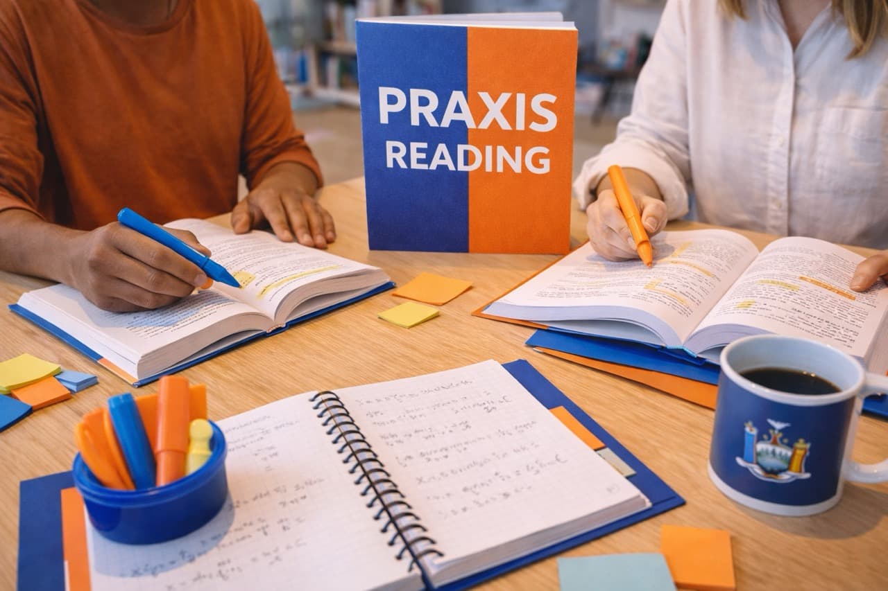 Praxis Reading exam preparation - student studying reading instruction strategies with tutor for the Teaching Reading 5205 test